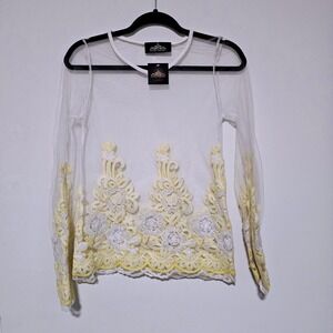 Womens Small Floral Mesh Top White Yellow Sheer Boho Romantic Y2K Fairy NWT ~